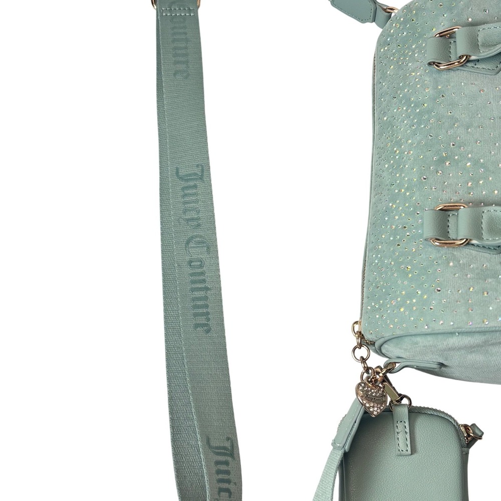 Juicy Couture Crossbody Satchel Bag Y2K Mint Green Blue Rhinestone Velour - Picture 8 of 14